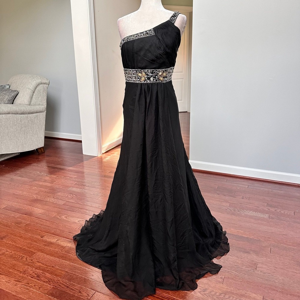 Vintage Y2K May Queen Couture One Shoulder Black Embellished Pageant Dress